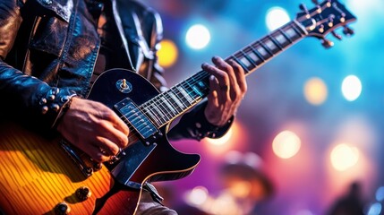 Obraz premium A guitarist performs on stage, showcasing skill and passion with vibrant lights in the background.