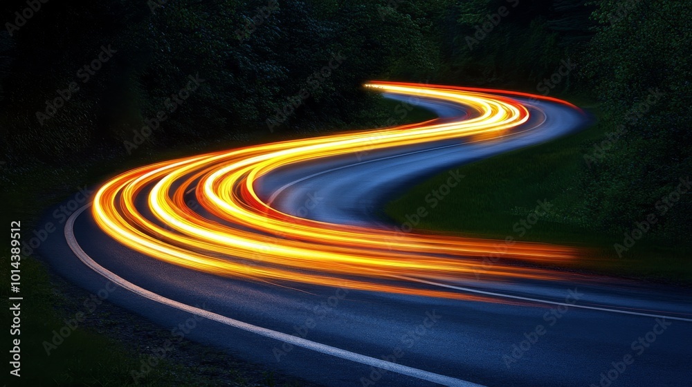 Poster Curving road with light trails at night in forest, dynamic motion and speed concept