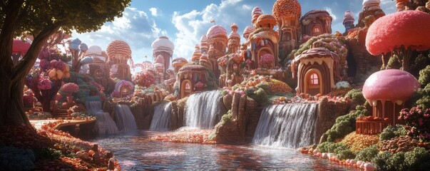 Panoramic view of a fantasy world where waterfalls flow with chocolate, and trees are made of candy, creating a surreal culinary landscape
