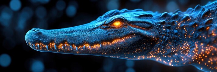 A stylized crocodile head with glowing features against a dark background.
