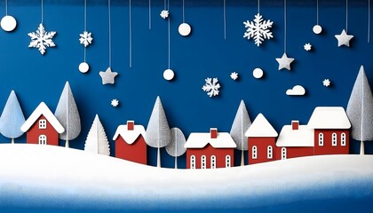 Obraz premium Red and black Christmas background concept Snowflakes fall over Christmas trees in towns and villages.