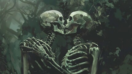 Haunting Skeleton Embrace Tender Bony Forms in Dreamy Melancholic Atmosphere