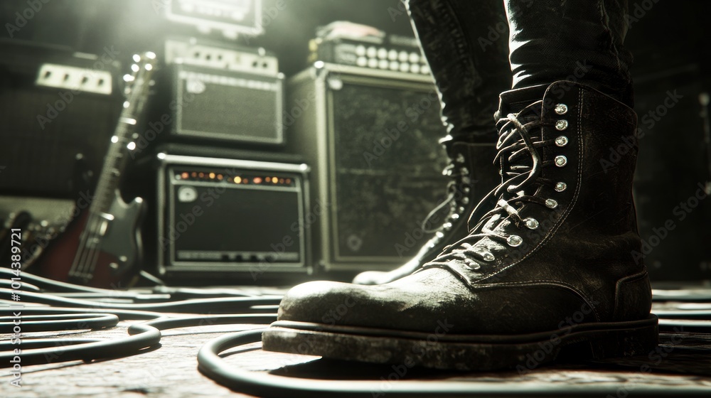 Wall mural A close-up of worn boots on stage with amplifiers and guitar cables in a music setting.