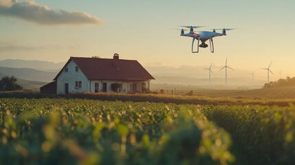 Fototapeta premium Rear view of a quaint farmhouse with wind turbines in the background, drones monitoring crops, harmonious blend of tradition and tech