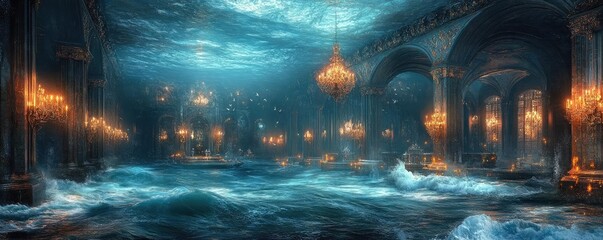 Rear view of an opulent underwater ballroom, glowing with bioluminescent sea creatures, waves softly crashing, ethereal lighting reflects