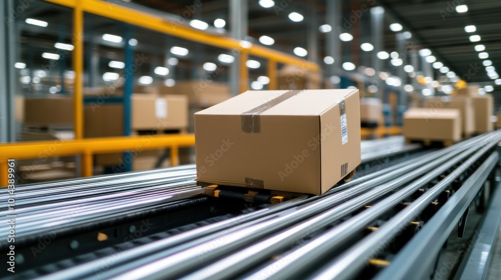 Poster A package moving along a conveyor belt in a warehouse setting.