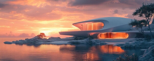 Stunning panoramic fantasy landscape, innovative minimalist architecture, dreamy lighting illuminating an enchanted world