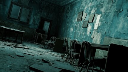 An abandoned, dusty room with scattered furniture and peeling walls, evoking a sense of decay.
