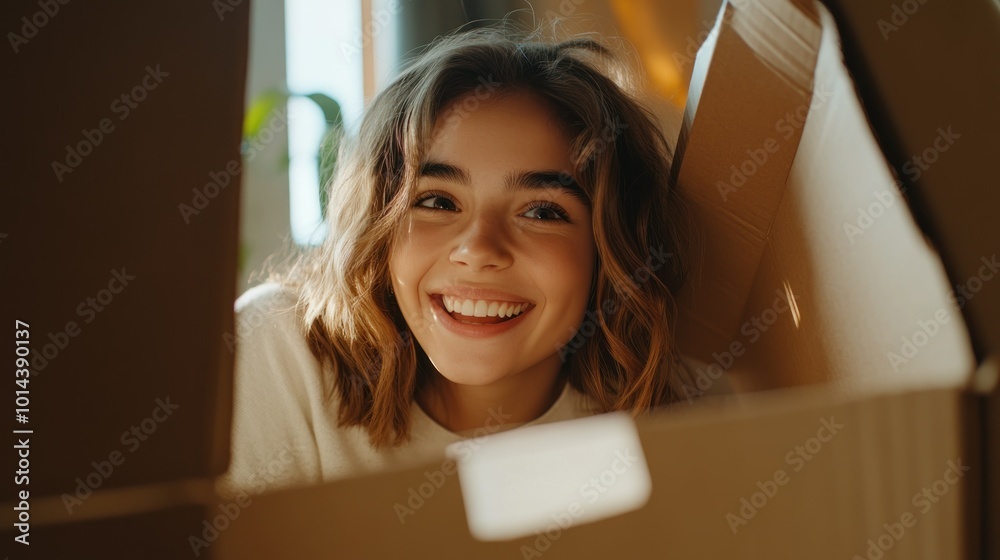 Wall mural A smiling young woman peeks out from a cardboard box, conveying joy and playfulness.