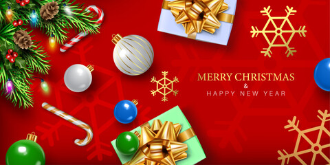 merry christmas and happy new year celebration background, greeting card and invitation background top view. vector illustration christmas symbols decorative abstract modern backdrop and poster.