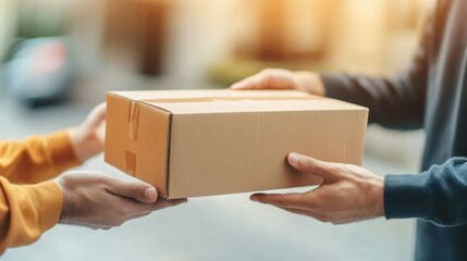 Two hands exchanging a cardboard package in a warm, outdoor setting.