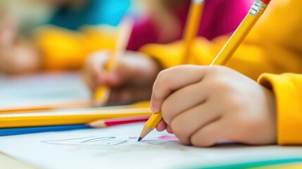 Children drawing with colored pencils in a creative classroom setting.