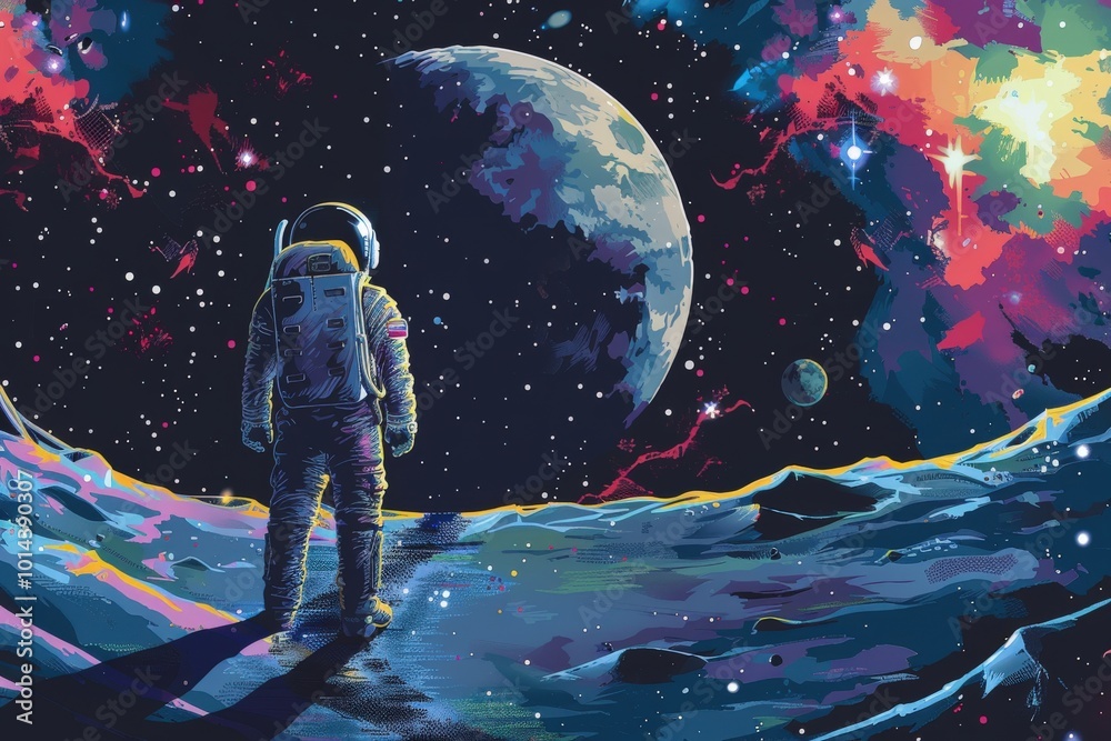 Wall mural a colorful painting of a man in a spacesuit sitting on a planet, generative ai image