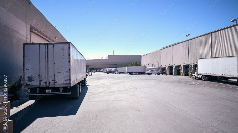 Poster A loading dock area with trucks and a clear blue sky.