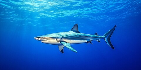 A lone shark swims in the open ocean with a blue background.