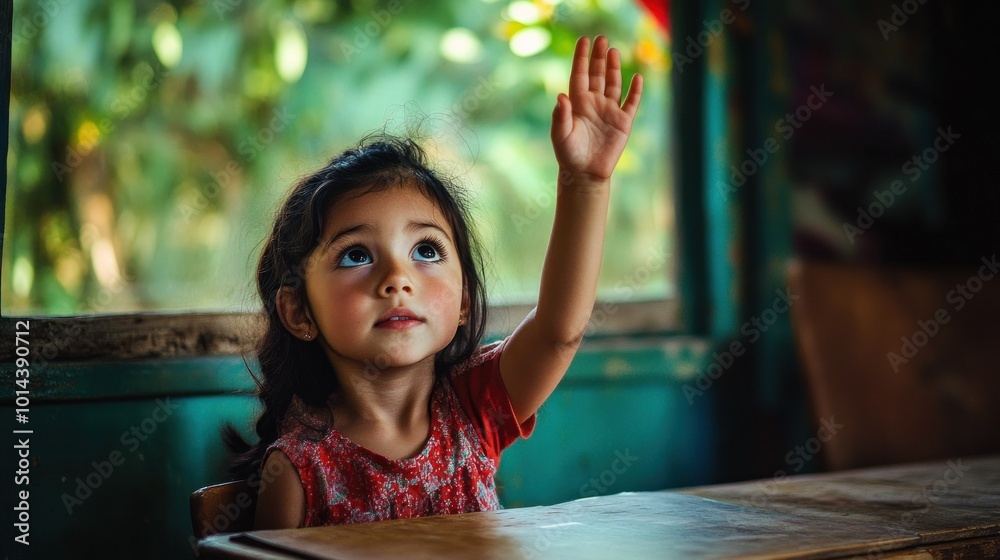 Sticker A young girl raises her hand in a classroom, eager to participate in learning.