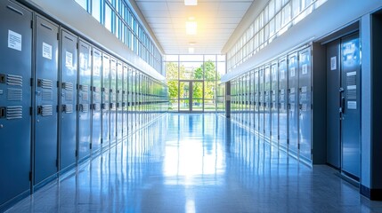A bright school hallway lined with lockers and large windows, creating an inviting atmosphere.