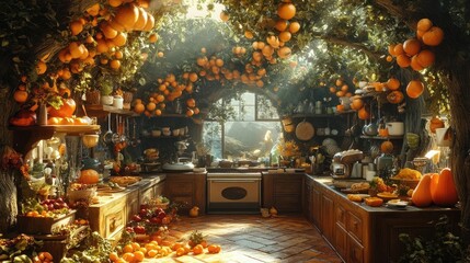 Fototapeta premium Worms-eye view of a whimsical forest kitchen, vibrant vegetables and oversized utensils, magical flavors merging, surreal textures