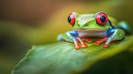 Naklejka premium A close-up of a vibrant red-eyed tree frog resting on a green leaf.