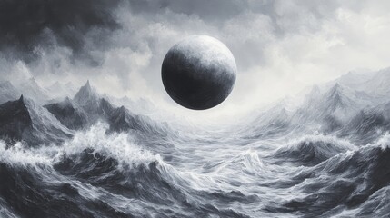 mysterious black sphere hovering over stormy ocean, surreal seascape art