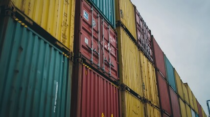 Fototapeta premium A stack of colorful shipping containers arranged in a port setting.
