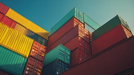 Fototapeta premium Stacked shipping containers in vibrant colors against a clear blue sky.