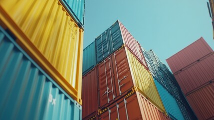 Fototapeta premium Stacked shipping containers in vibrant colors against a clear blue sky.