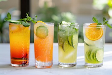 Fototapeta premium Three glasses of different colored drinks with fresh fruit garnish, generative ai image