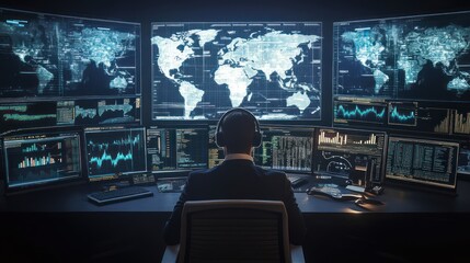 A person monitors multiple screens displaying global data and analytics.