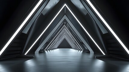 Obraz premium Abstract Triangle Spaceship corridor. Futuristic tunnel with light. Future interior background, business, sci-fi science concept. 3d rendering. 