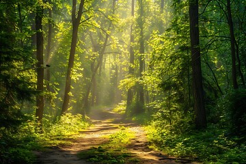 Obraz premium Morning in the green forest. Sun rays through the branches of trees