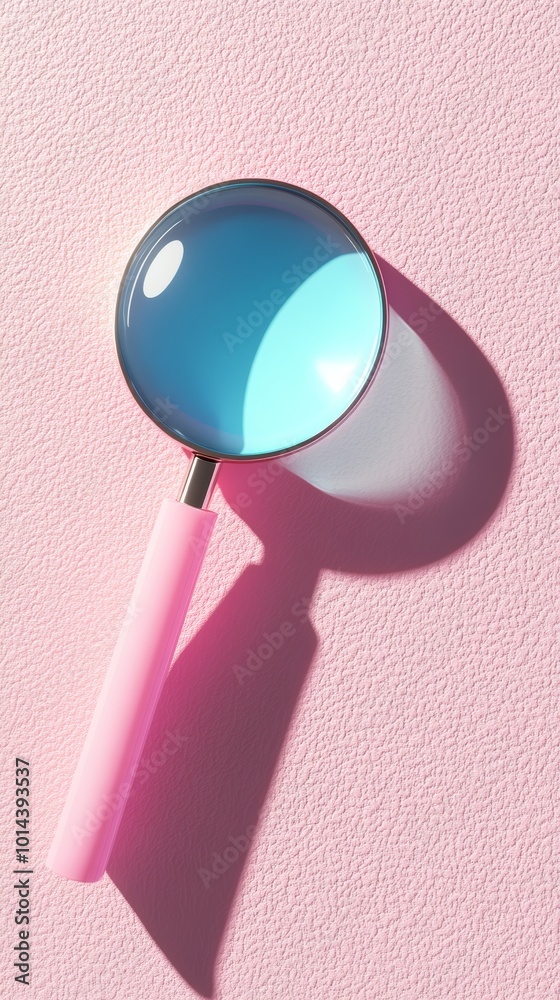 Poster magnifying glass with pink handle casting shadow on pink surface
