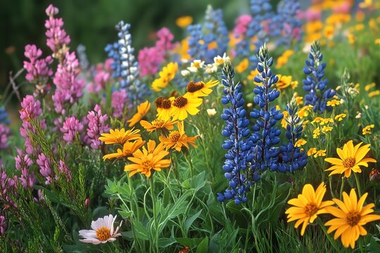 Vibrant yellow, pink, and blue wildflowers bloom in a lush green meadow.