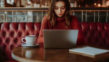 Woman Working on Laptop in a Cafe with a Cup of Coffee