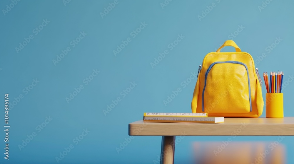 Wall mural A vibrant yellow backpack and stationery on a wooden table against a blue background.