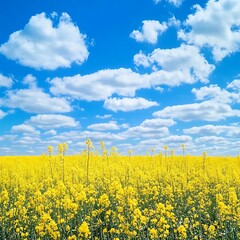 Obraz premium Field of blooming rapeseed under blue sky with white clouds.