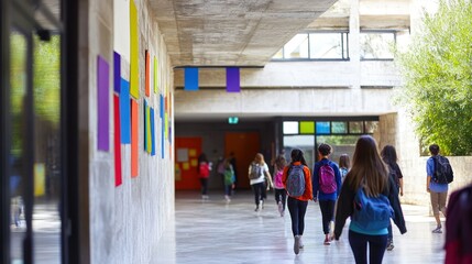 Fototapeta premium A school hallway with students walking and colorful paper decorations on the walls.