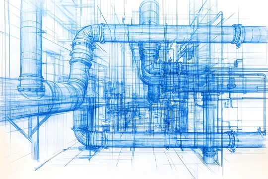 Sketch of industrial equipment. Wire frame style. 3d illustration