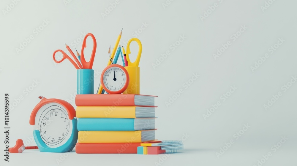 Poster A colorful arrangement of stationery items and books, symbolizing education and organization.