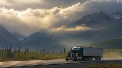 A truck travels along a scenic road surrounded by mountains and dramatic clouds.