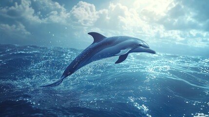 Obraz premium A dolphin leaping through the water near the surface, with vast ocean space for copy.