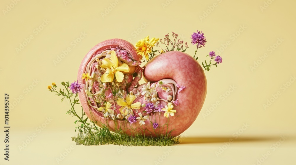 Wall mural A whimsical heart-shaped object adorned with colorful flowers and greenery.