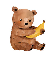 Illustration of a cute bear with bananas for the design of children's products. Watercolor illustration in pastel colors.