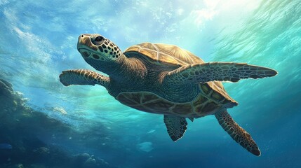 Obraz premium A giant sea turtle gliding through the ocean, with room for copy in the blue water background.