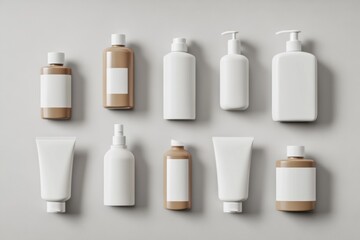 set of different white and brown cosmetic bottles with blank label mockup on light gray background