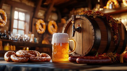 A cozy tavern scene featuring beer, pretzels, and a wooden barrel, evoking a festive atmosphere.
