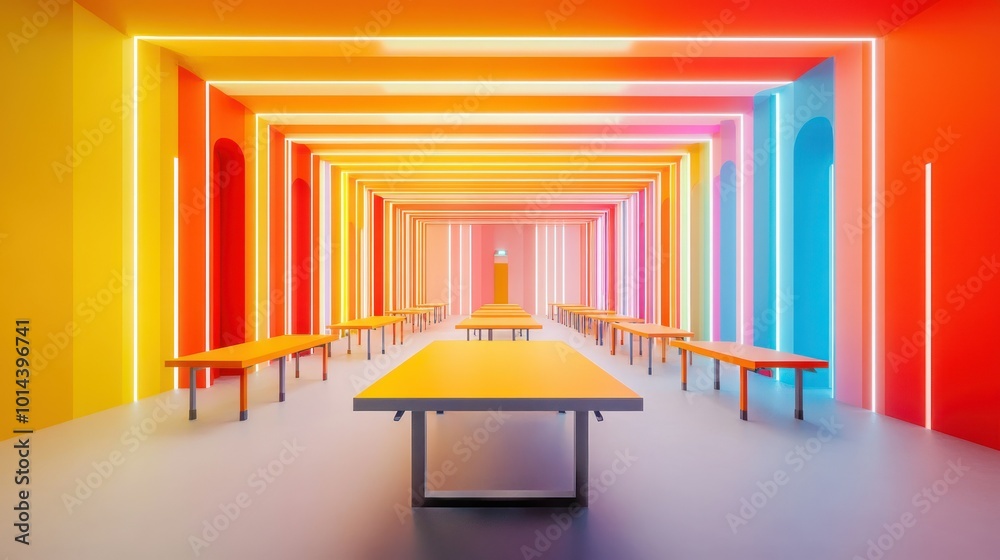 Wall mural A vibrant, colorful interior space with tables, illuminated by neon lights.