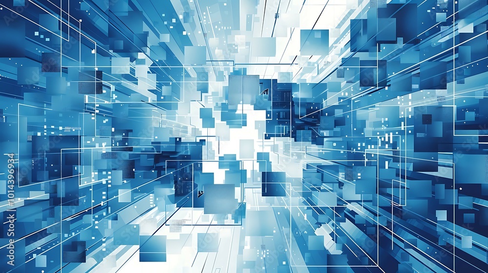Aufkleber abstract blue background with cubes and lines, computer digital drawing