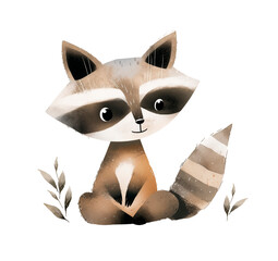 Illustration of a cute raccoon for the design of children's products. Watercolor illustration in pastel colors.