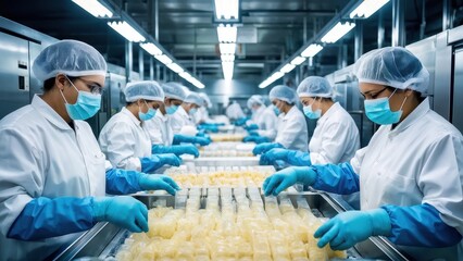 Workers in protective gear packaging food products in a processing facility.
